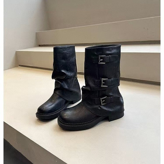 Damen Steppstiefel mit modischen Schnallen und flexiblem Schaftrand EB
