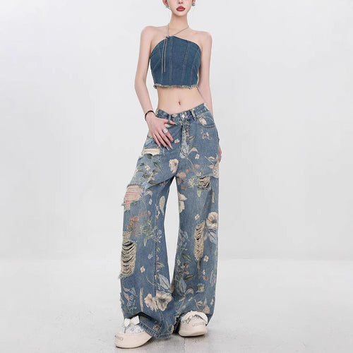 Damen Weit geschnittene Jeans mit floralem Design und schickem Destroyed-Effekt EB