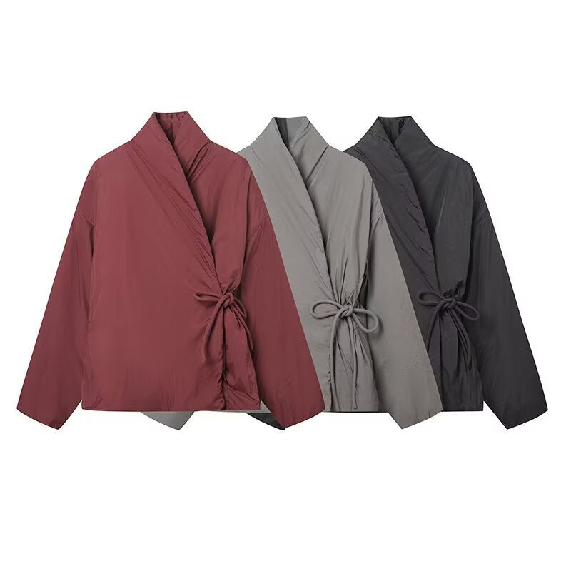 Damen modische Übergangsjacke mit hohem Kragen und Bindegürtel EB