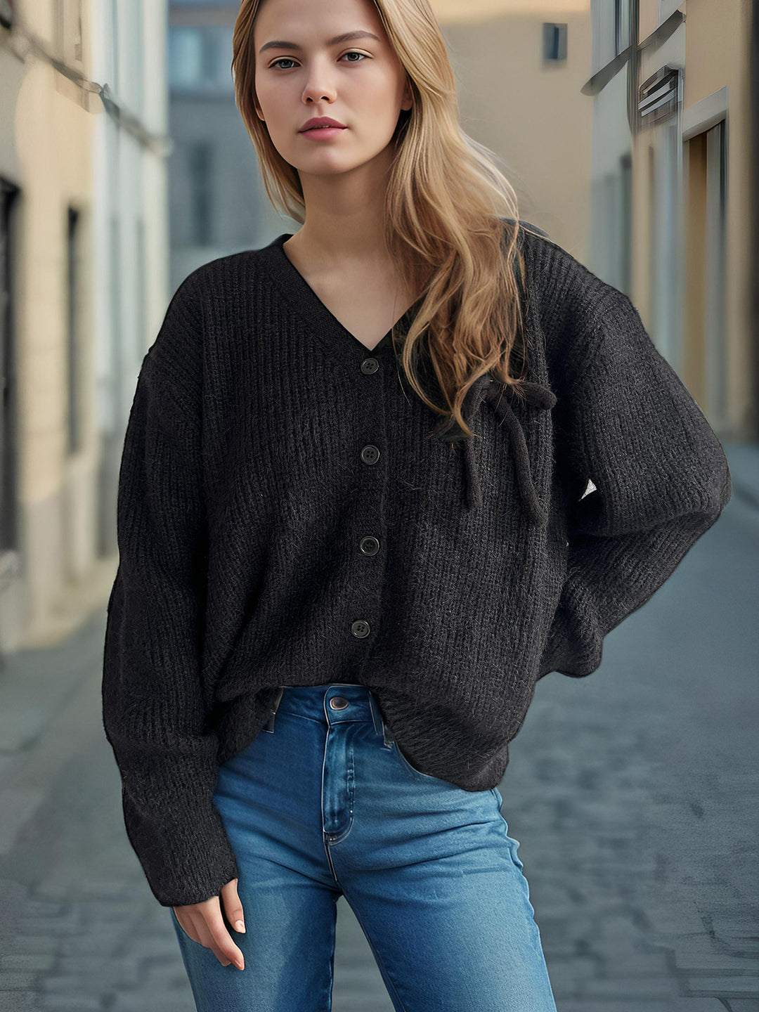 Damen Cardigan mit feinem Strukturmuster und dekorativen Knopfdetails EB