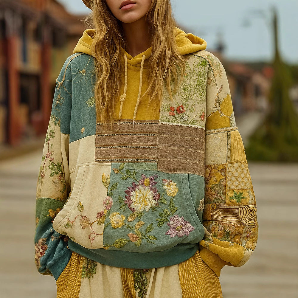 Damen Bestickter Patchwork-Kapuzenpullover mit Blumenapplikation und Kängurutasche EB