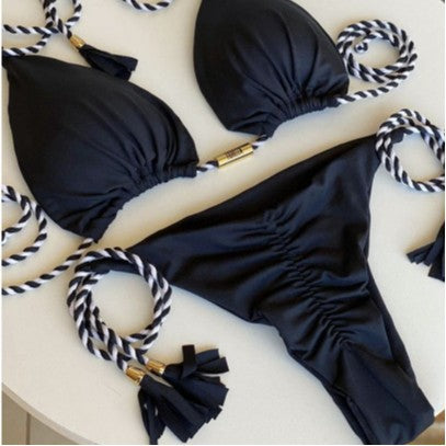 Damen Triangel-Bikini mit modischem Leopardenmuster und dekorativen Quasten EB