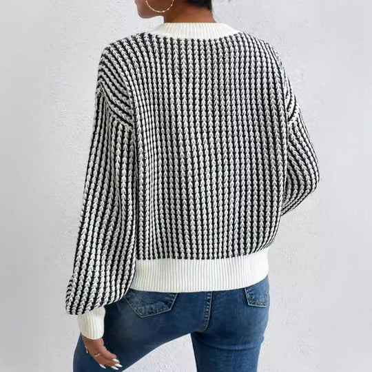 Damen lässiger Strickpullover mit voluminösen Ärmeln und strukturiertem Muster EB