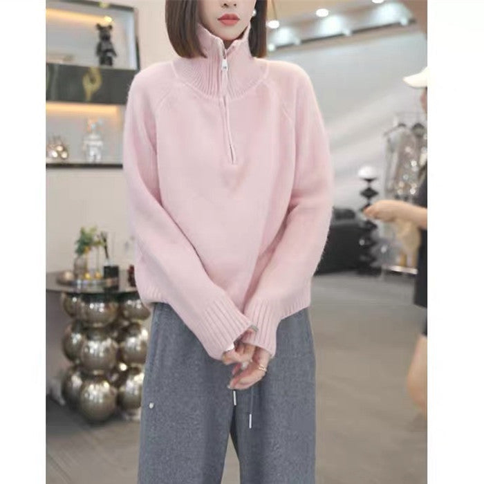 Damen Strickpullover mit hohem Kragen und praktischem Reißverschluss EB