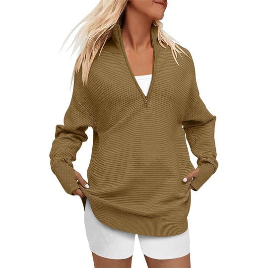 Damen Oversized Pullover mit Stehkragen und Reißverschluss EB