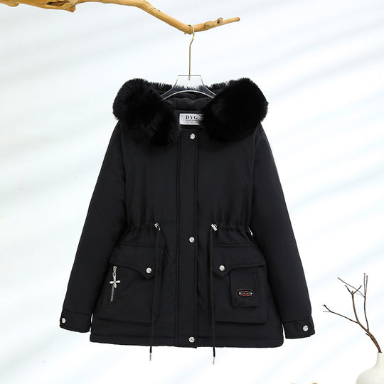 Damen nan kurzer Thermo-Parka mit voluminösem Schalkragen in Webpelzoptik und taillierendem Tunnelzug EB