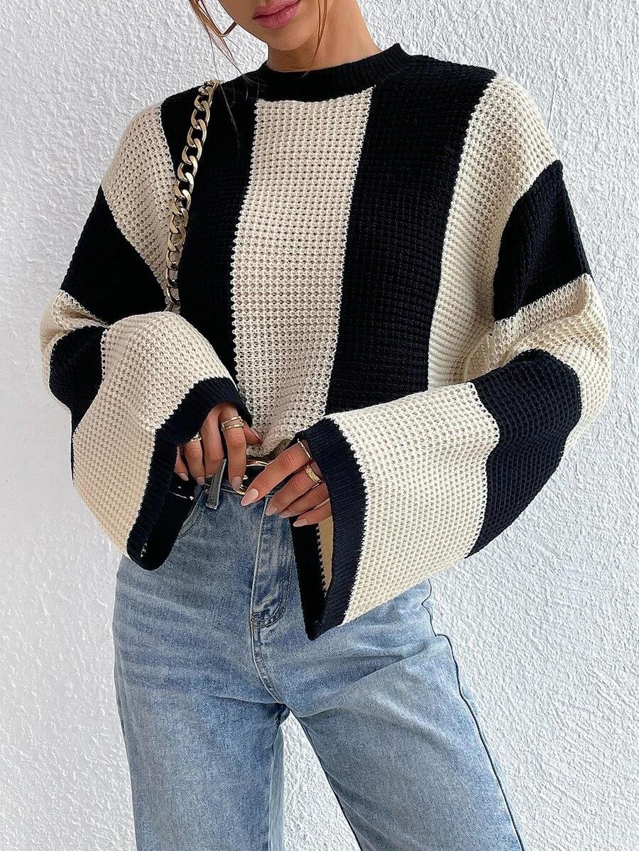 Damen Strickpullover mit strukturiertem Wabenmuster und weiten Ärmeln EB