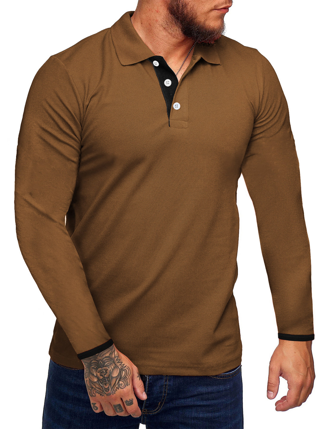 Herren Langarm-Polohemd mit kontrastierenden Knopfdetails EB