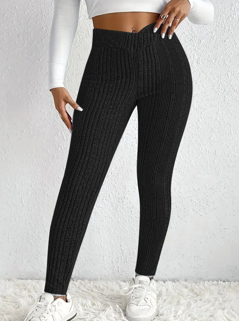 Damen Strickleggings mit hohem Bund und feinen Längsrippen EB