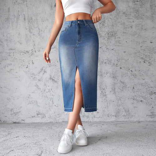 Damen Jeansrock mit hoch geschnittenem Schlitz und fransigem Saum EB