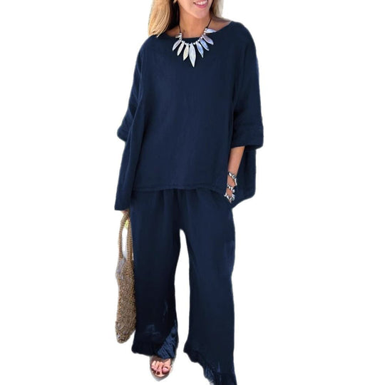 Damen lässiges Leinen-Outfit mit weitem Schnitt und angeschnittenen Ärmeln EB
