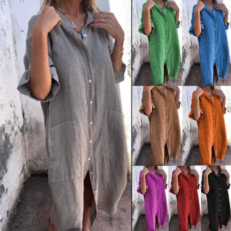 EB | Lässiges Baumwoll-Leinen Shirtkleid mit Dreiviertelärmeln