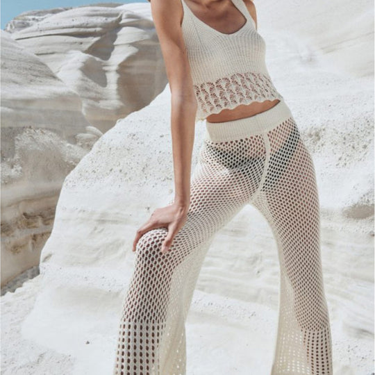 Damen luftiges Cropped-Häkeloberteil und Hochtaillierte Netzhose EB