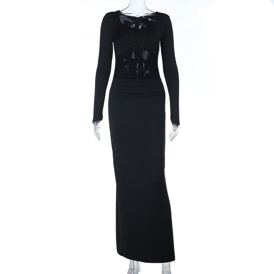 Damen Figurbetontes Maxikleid mit transparenten Mesh-Einsätzen und tailliertem Stretchrock EB