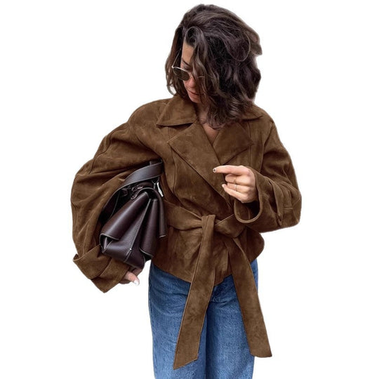 Damen Modische Wildlederjacke mit Gürtel und tailliertem Schnitt EB