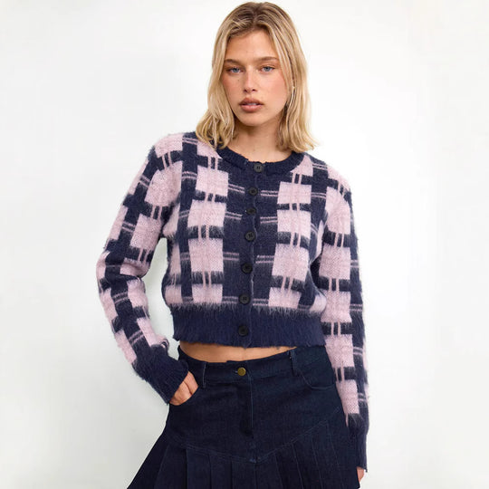 Damen cropped Strickjacke mit modernem Karomuster und knöpfbarem Design EB