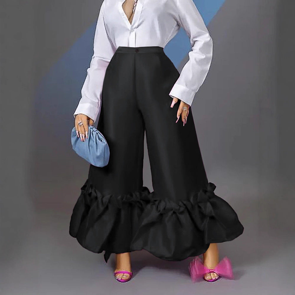 Damen Weite Satinhose mit Rüschenabschluss EB