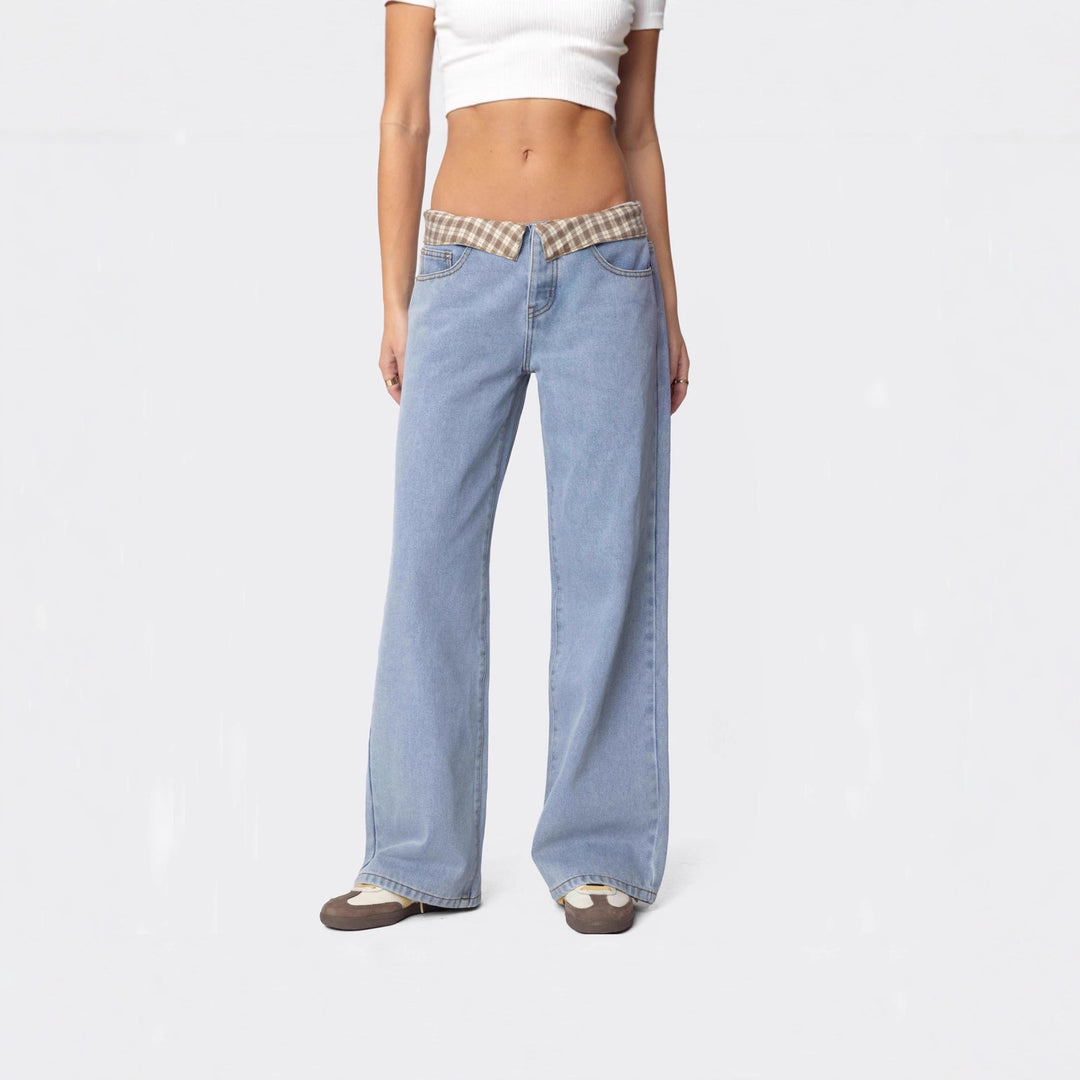 Damen nan weite Schlagjeans mit umgeschlagenem Karobund und klassischem Five-Pocket-Schnitt EB