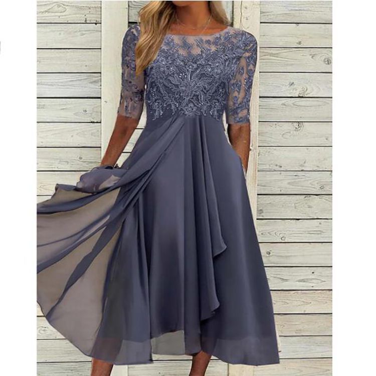 Damen nan V-Ausschnitt Chiffon-Midikleid mit besticktem Bustier, transparenten dreiviertel-Ärmeln und asymmetrischem Lagenrock EB