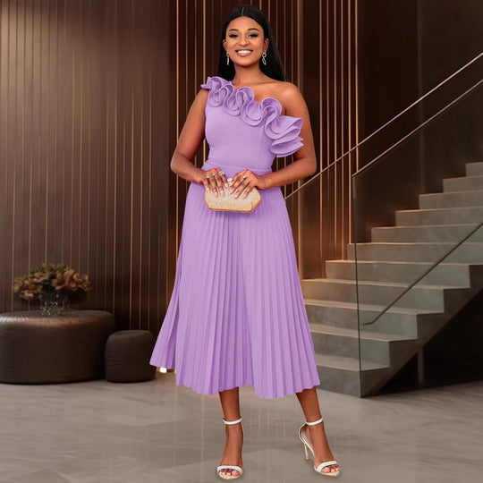 Damen Elegantes Midi-Kleid mit asymmetrischem Rüschen-Ausschnitt EB