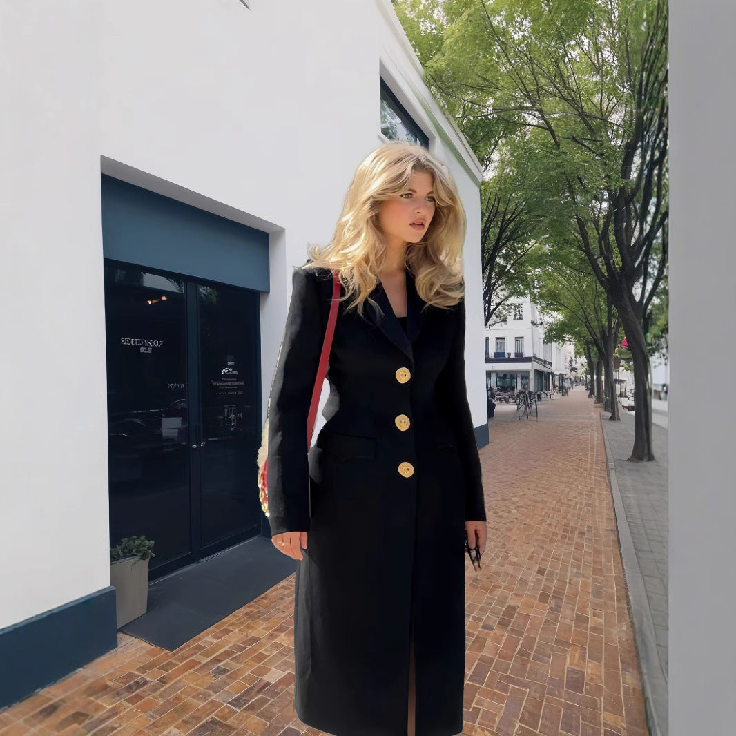 Damen Eleganter Langmantel mit goldenen Knöpfen und klassischem Schnitt EB