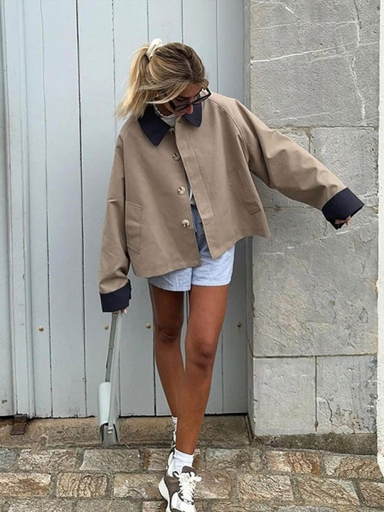 Damen lässige Oversized-Jacke mit kontrastierendem Kragen EB