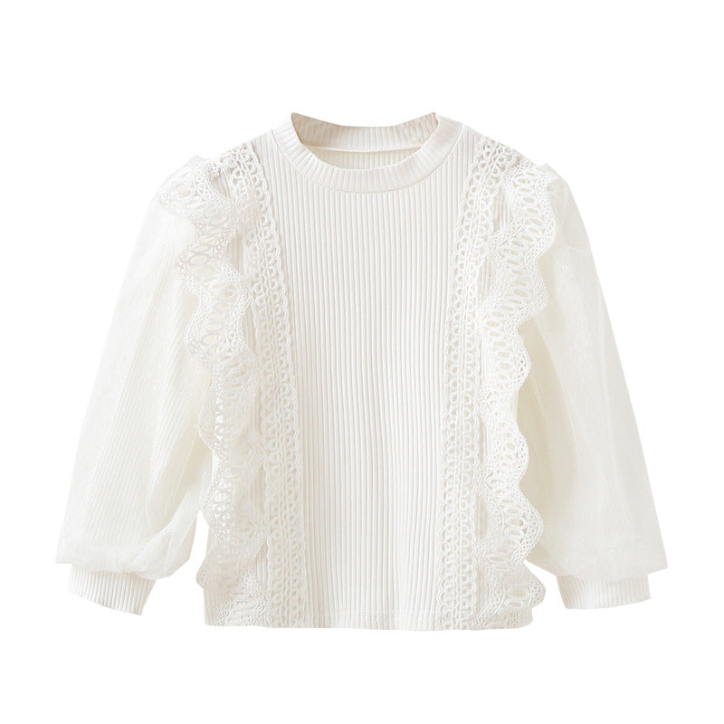Mädchen Sweatshirt mit eleganten Rüschendetails und transparenten Tüllärmeln EB