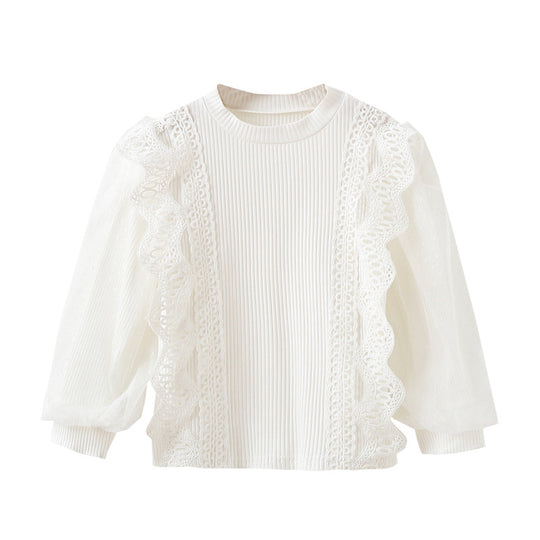 Mädchen Sweatshirt mit eleganten Rüschendetails und transparenten Tüllärmeln EB