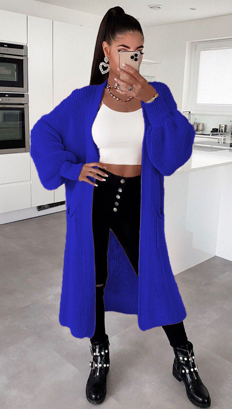 Damen Langstrickjacke mit grober Maschenstruktur und praktischen Taschen EB
