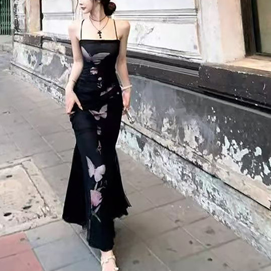 Damen elegantes Wickelkleid mit floralem Schmetterlingsdruck und verstellbaren Spaghetti-Trägern EB
