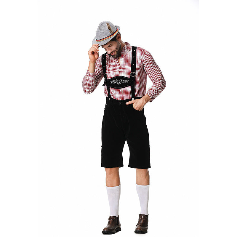Herren nan kurze Trachtenlederhose in Veloursleder-Optik mit besticktem Brustlatz und verstellbaren Trägern EB