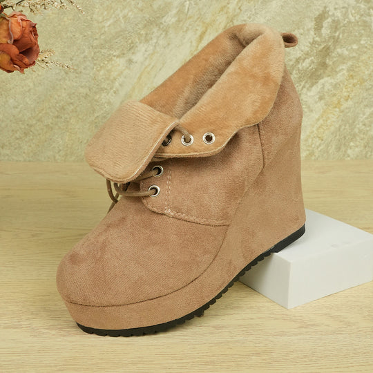 Damen nan gefütterte Keilstiefelette mit umklappbarem Pelzkragen, Schnürung und rutschfester Profilsohle EB