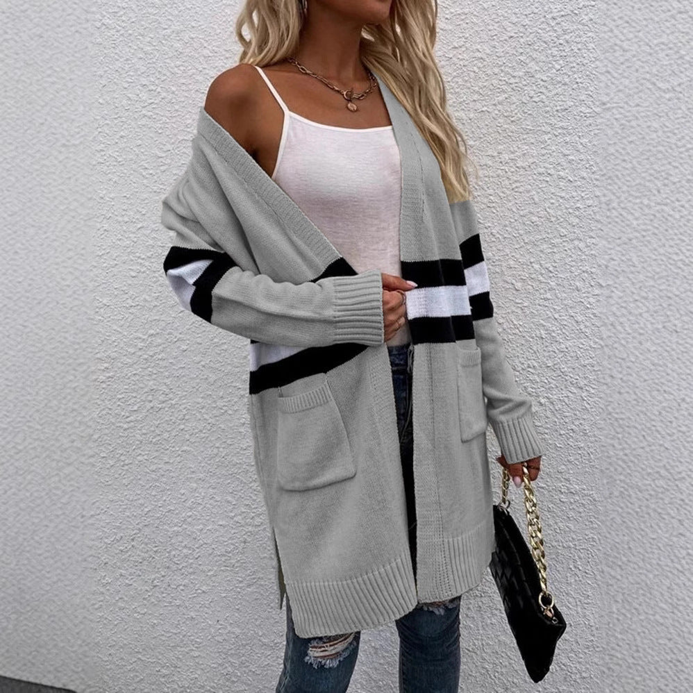 Damen Offene Strickjacke mit modernem Streifenmuster und praktischen Taschen EB