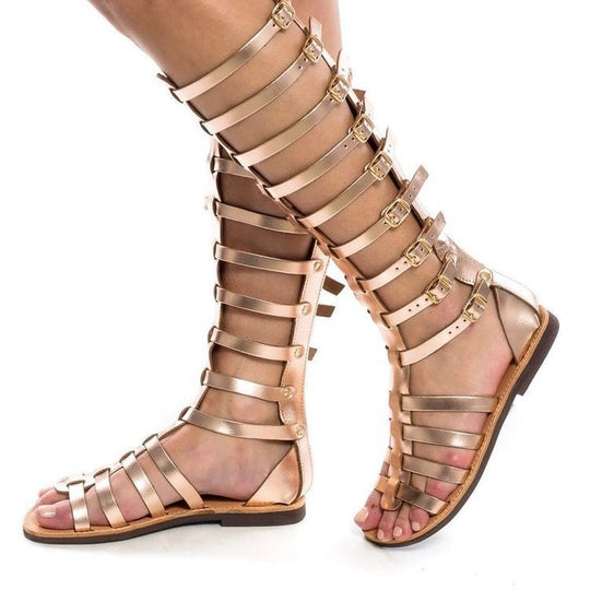 Damen kniehohe Gladiatorensandalen mit verstellbaren Riemen und flacher Lederlaufsohle EB