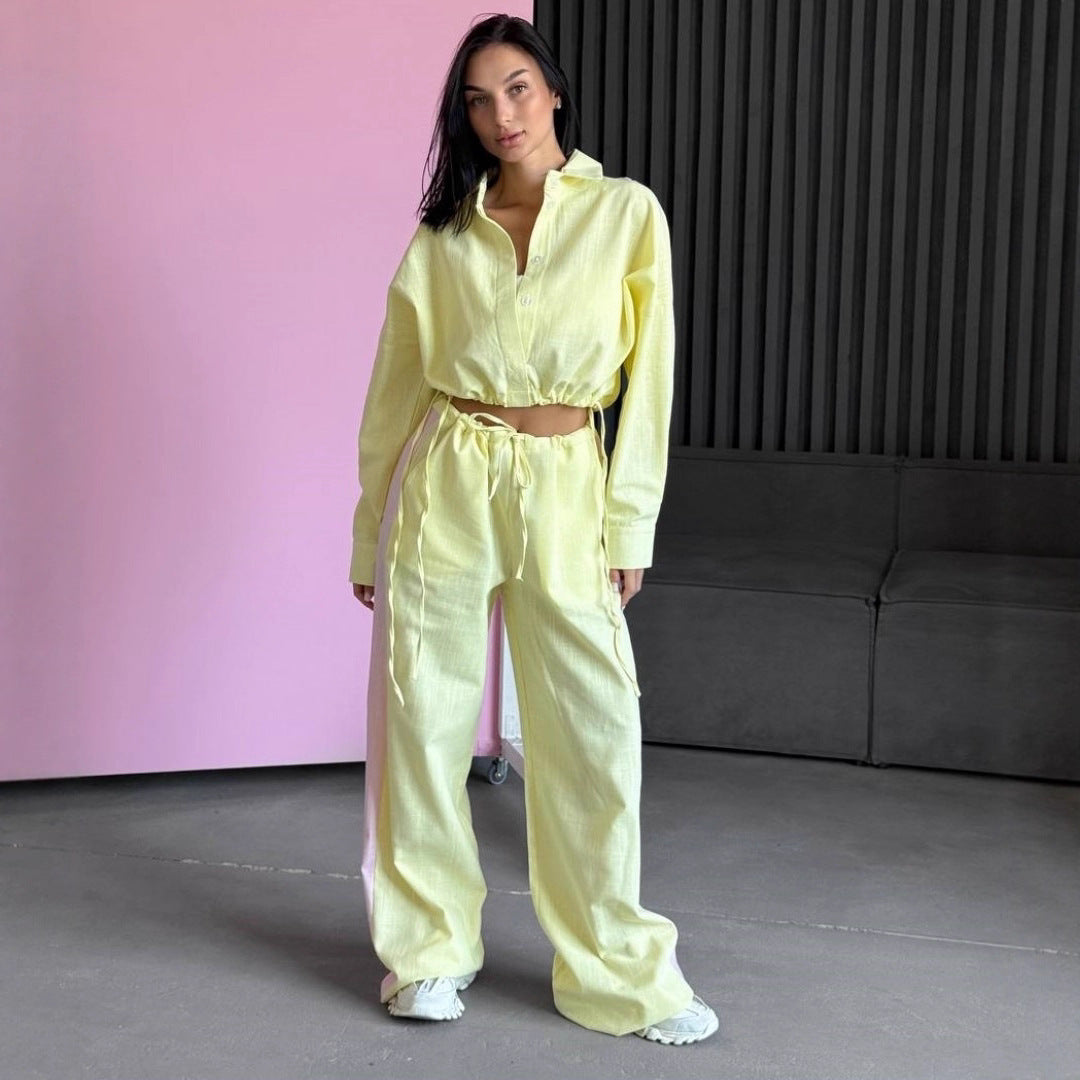 Damen kurzes Hemd mit Kordelzug und weite hochgeschnittene Leinenhose Set Eichborn Berlin
