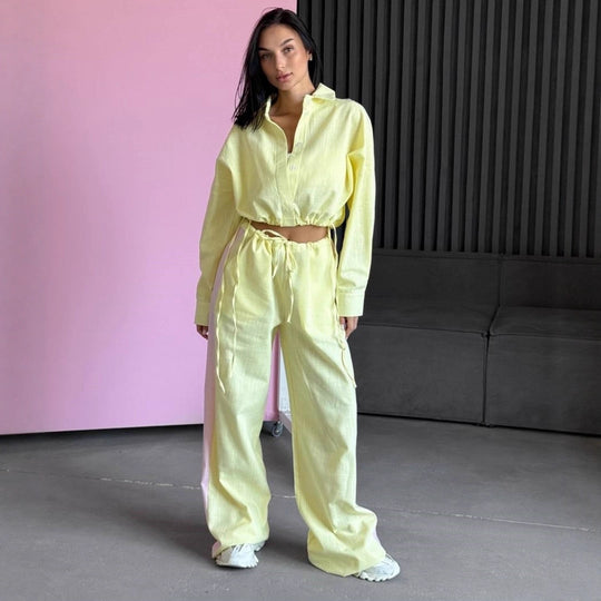 Damen kurzes Hemd mit Kordelzug und weite hochgeschnittene Leinenhose Set Eichborn Berlin