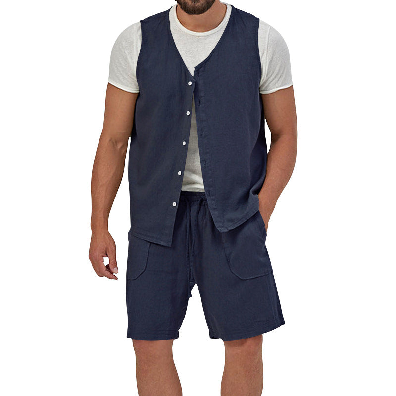 Herren nan zweiteiliges Freizeit-Set mit ärmelloser Knopfweste und weiten Kordelzug-Shorts mit aufgesetzten Taschen EB