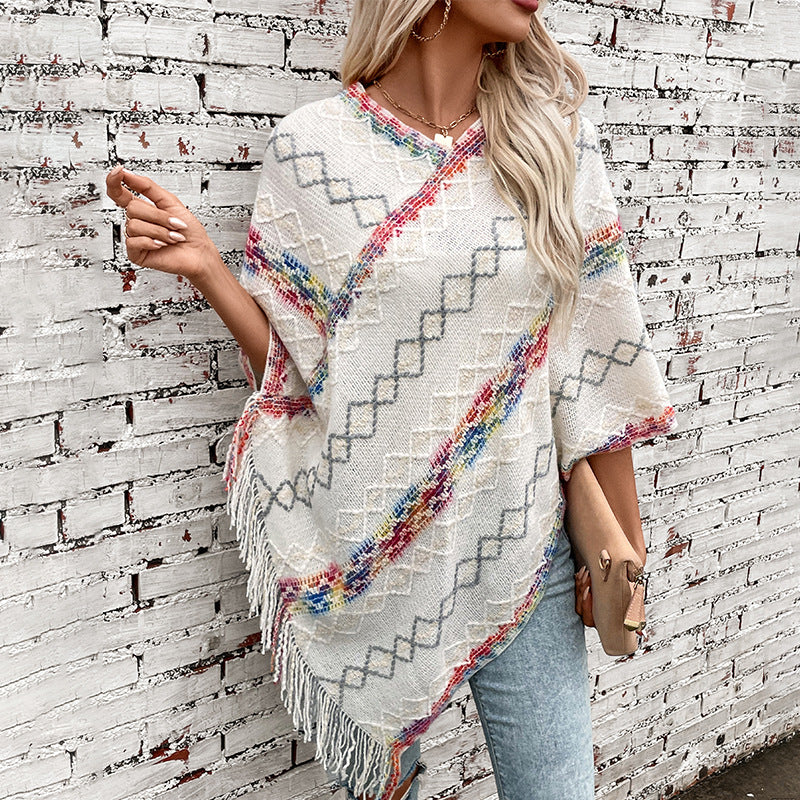 Damen modischer Wickelpullover mit fransigem Saum und einzigartigem Muster EB