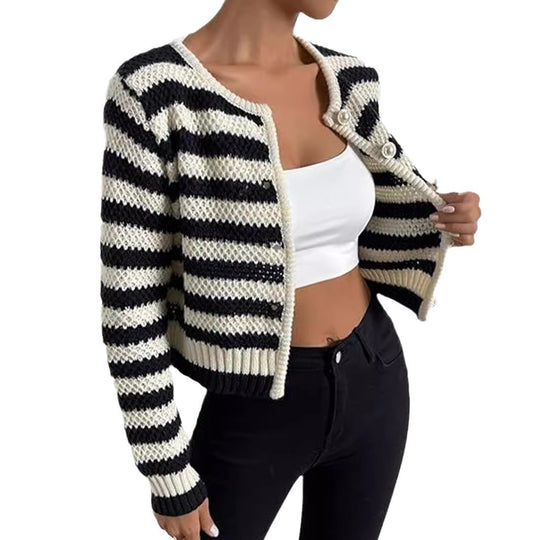 Damen gestreifte Strickjacke mit dekorativen Knöpfen EB