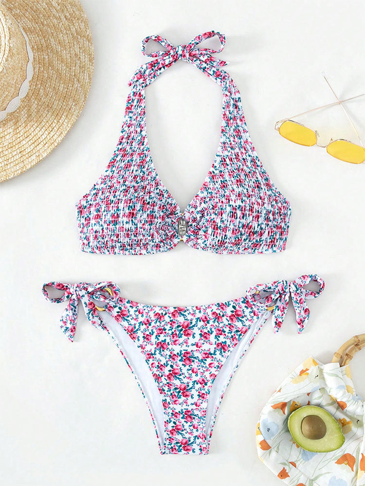 Damen Triangel-Bikini mit verspieltem Blumenmuster und komfortablen Schleifen EB