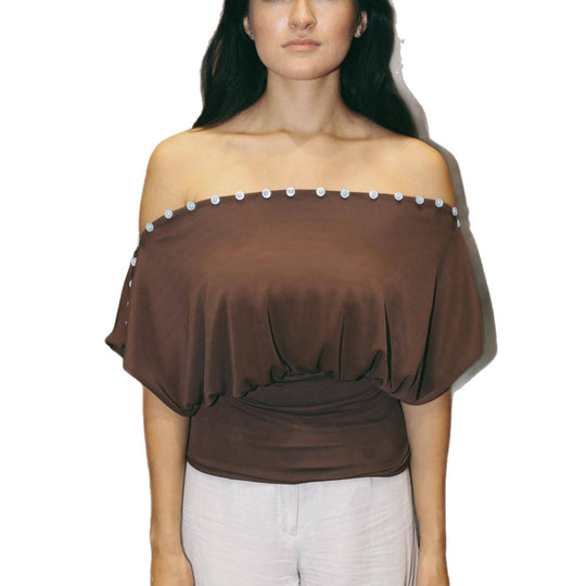 Damen Off-Shoulder Oberteil mit eleganter Knopfverzierung EB