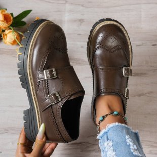 Damen Brogue-Monk-Slipper mit doppeltem Schnallenverschluss, gesteppter Kante und grober Profilsohle EB