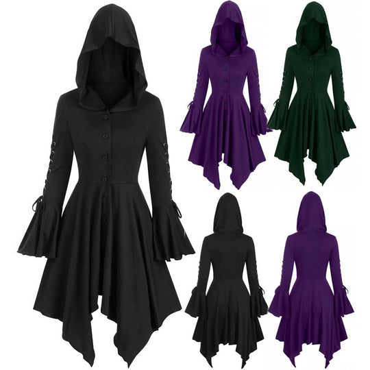 Damen nan Kapuzen-Mantelkleid mit asymmetrischem Zipfelsaum und geschnürten Glockenärmeln EB