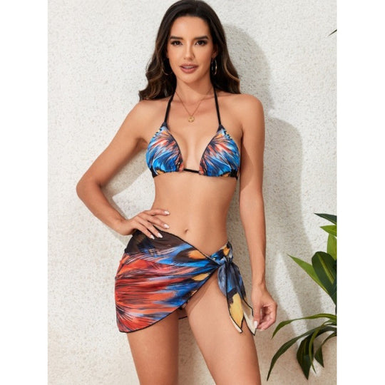 Damen Triangel-Bikini mit verspieltem Wickeldetail und buntem Tropenmotiv EB