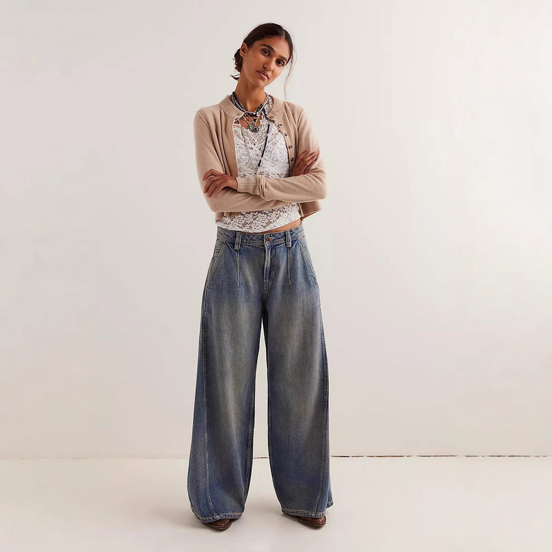 Damen nan extraweite High‑Waist Palazzo-Jeans mit hohem Bund, tiefem Schritt und verwaschener Vintage-Optik EB
