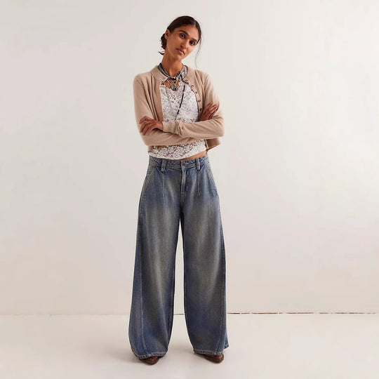Damen nan extraweite High‑Waist Palazzo-Jeans mit hohem Bund, tiefem Schritt und verwaschener Vintage-Optik EB