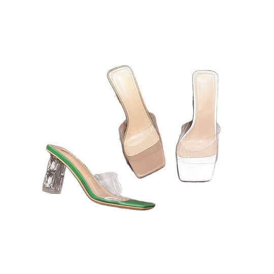 Damen Slingback Sandalen mit praktischem transparentem Riemendesign und funkelndem Blockabsatz EB