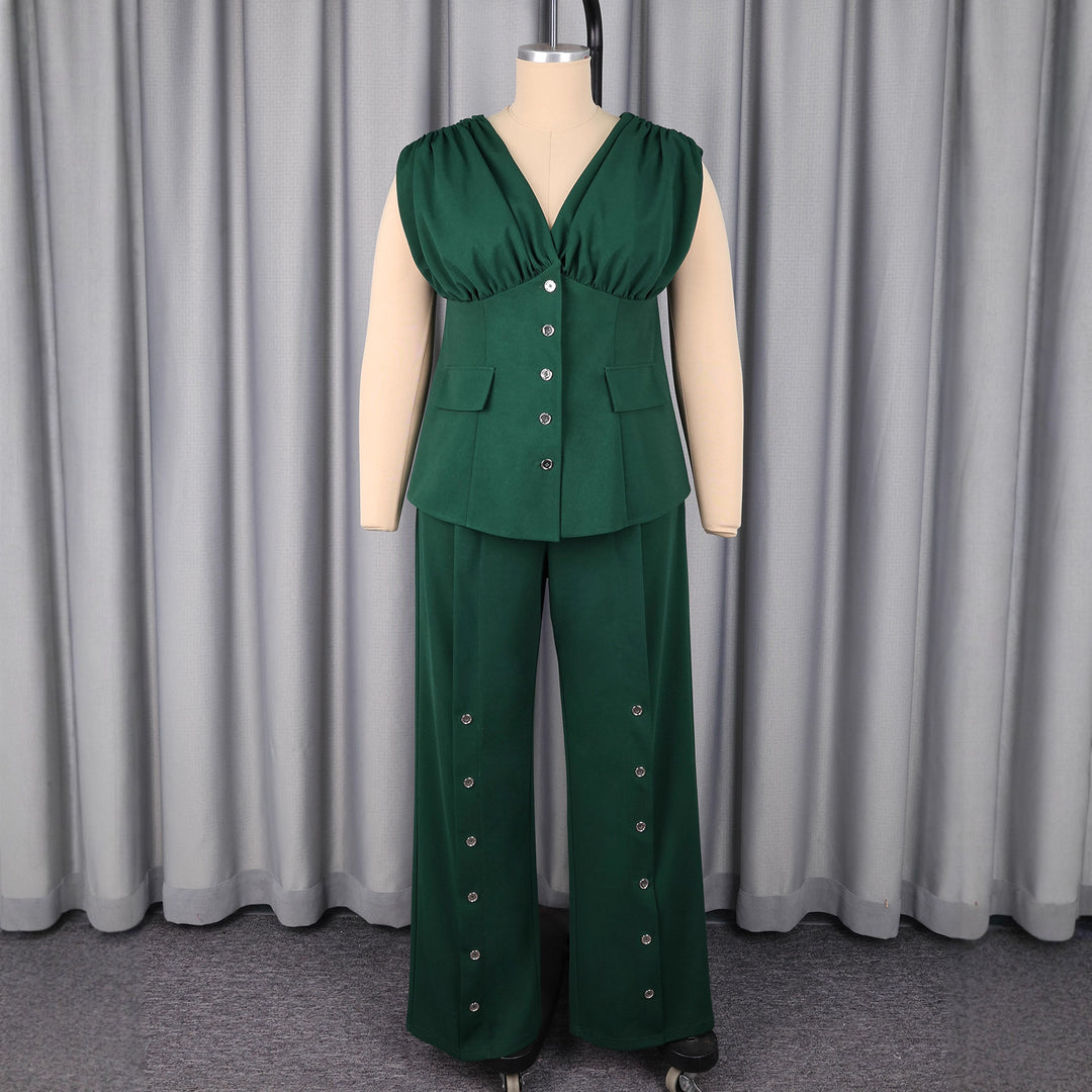 Damen elegantes Jumpsuit mit tiefem V-Ausschnitt und auffälligen Knopfdetails EB