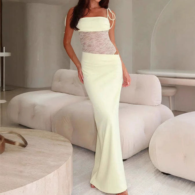Damen nan Bandeau-Maxikleid mit transparentem Spitzenkorsett und knotbaren Spaghettiträgern EB