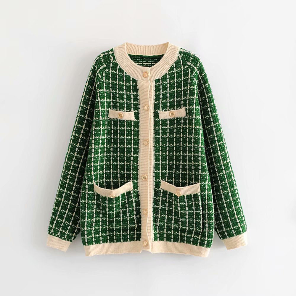 Damen Strickjacke mit Modischem Karomuster und Knopfdetails EB